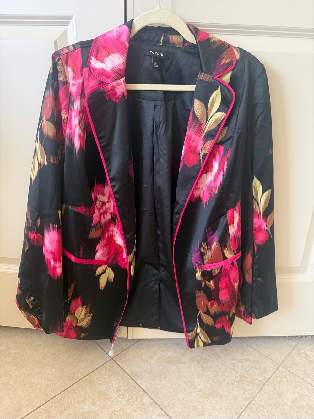 torrid Black Blazer with Pink Floral Print and Pink Piping